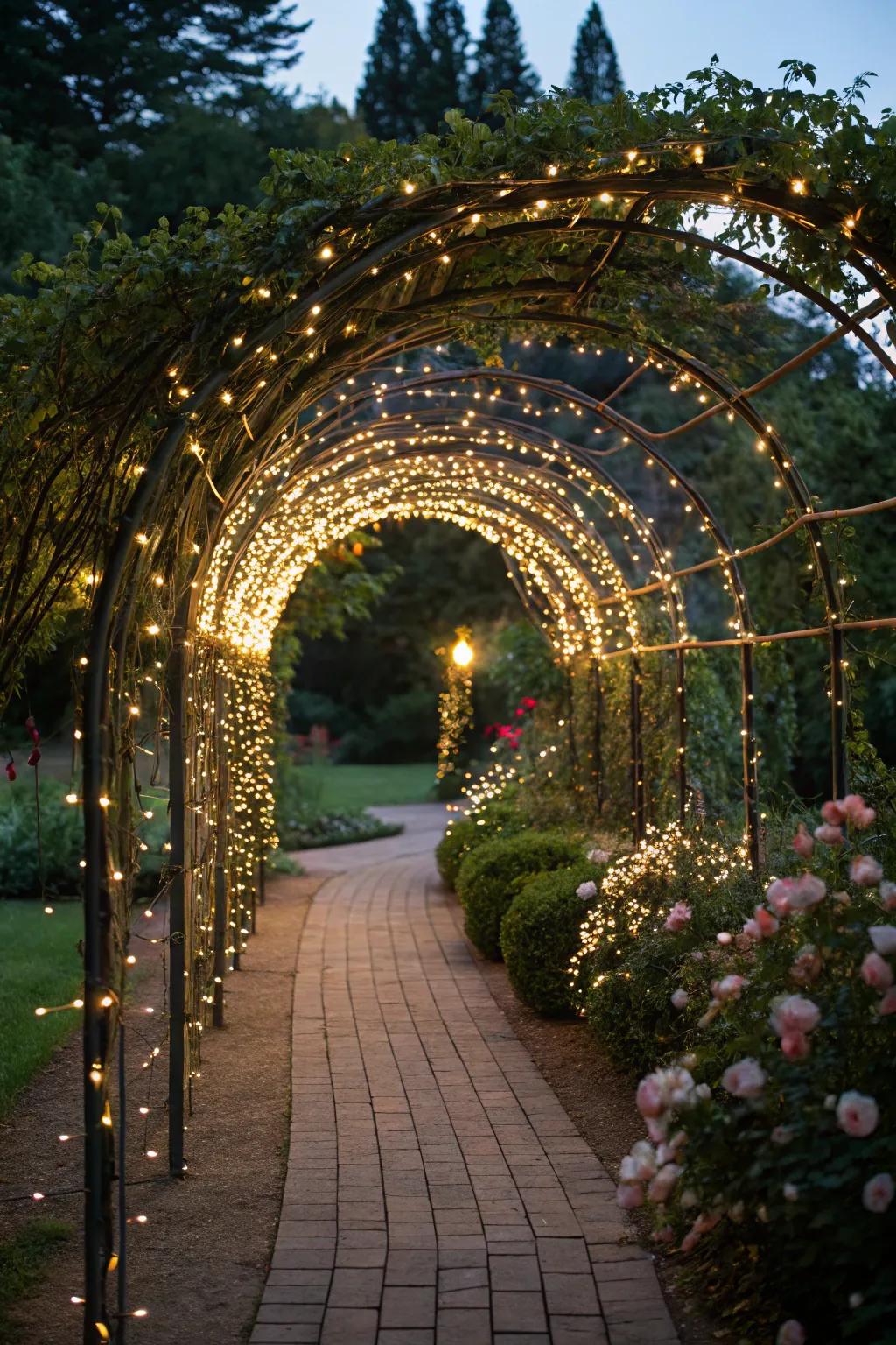 A fairy light tunnel at the entrance welcomes guests warmly.