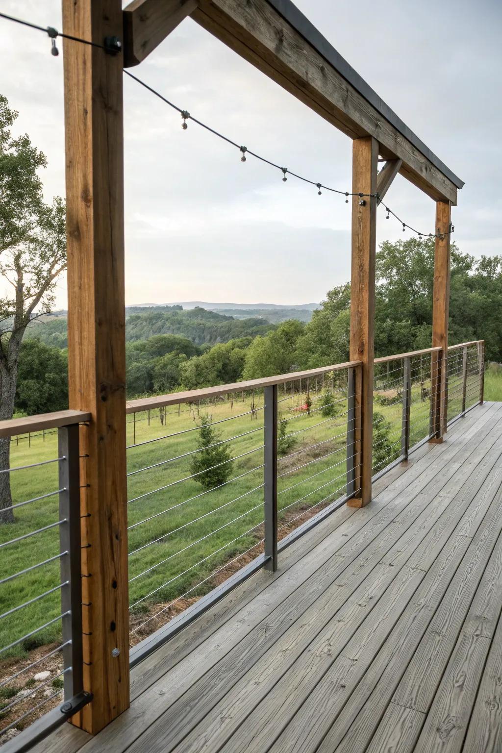 Sleek and modern: Cable railings with wood posts.