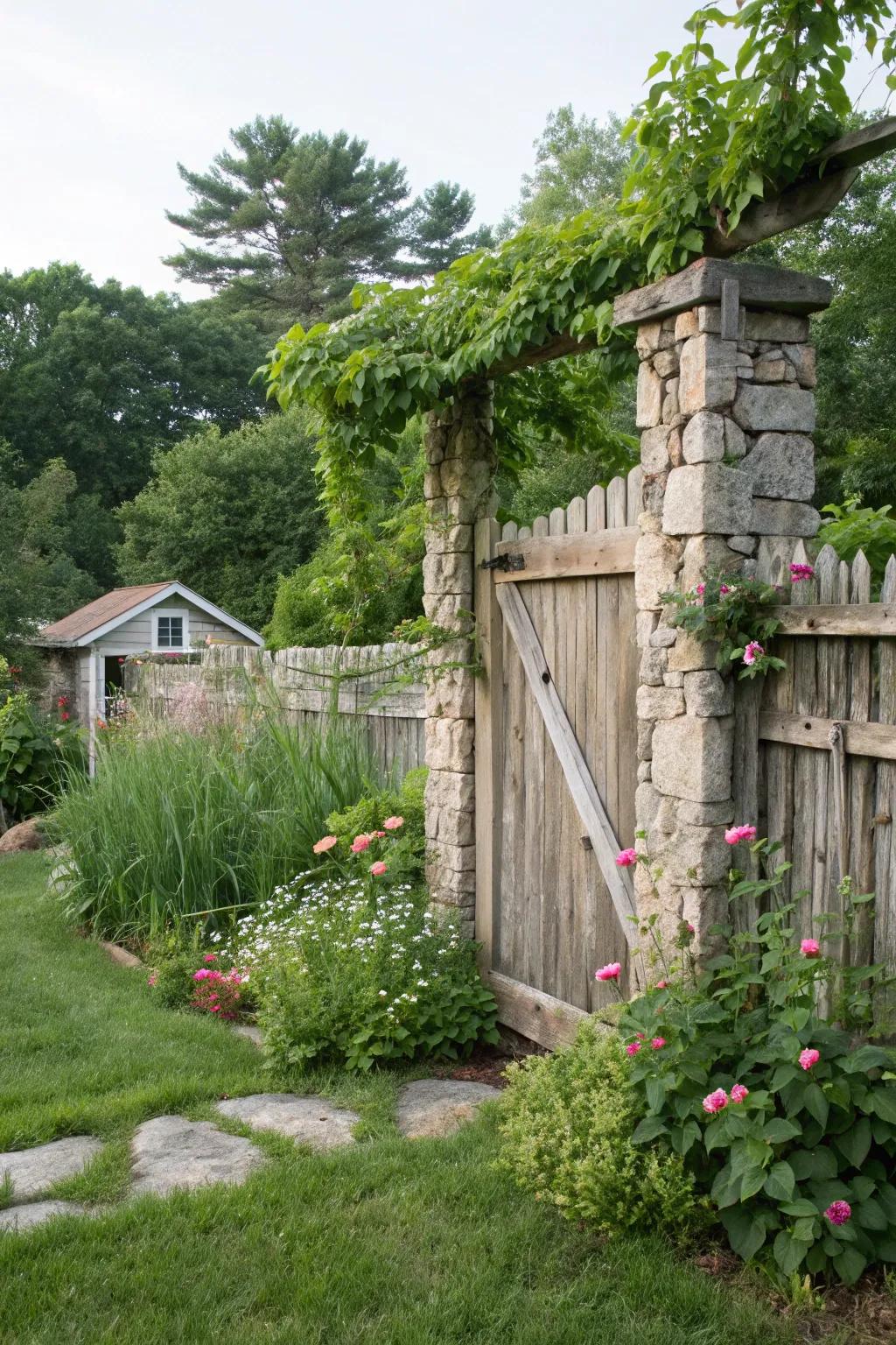 Stone and wood work in harmony to create a refined fence.