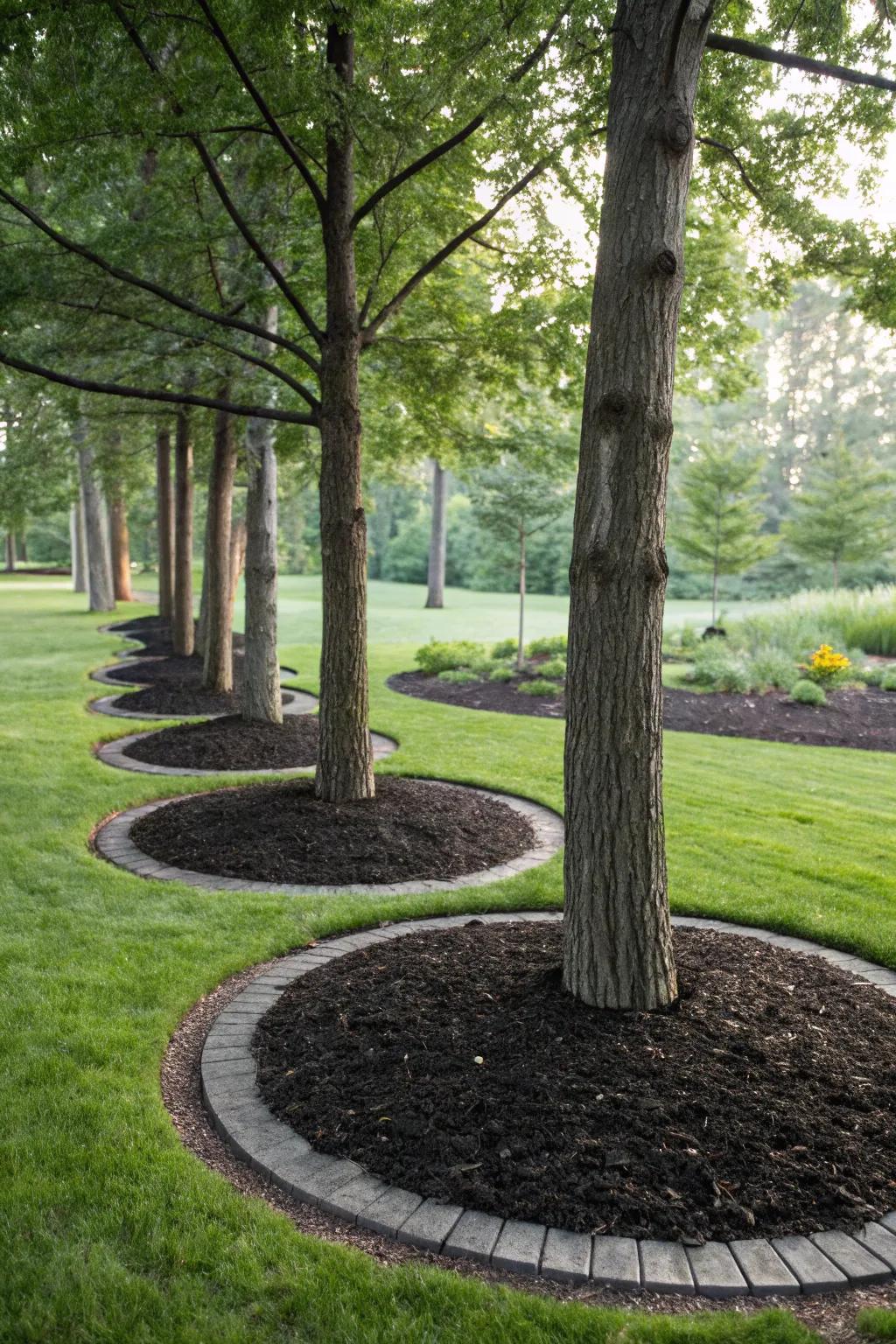 Mulch rings around trees enhance growth and aesthetics.