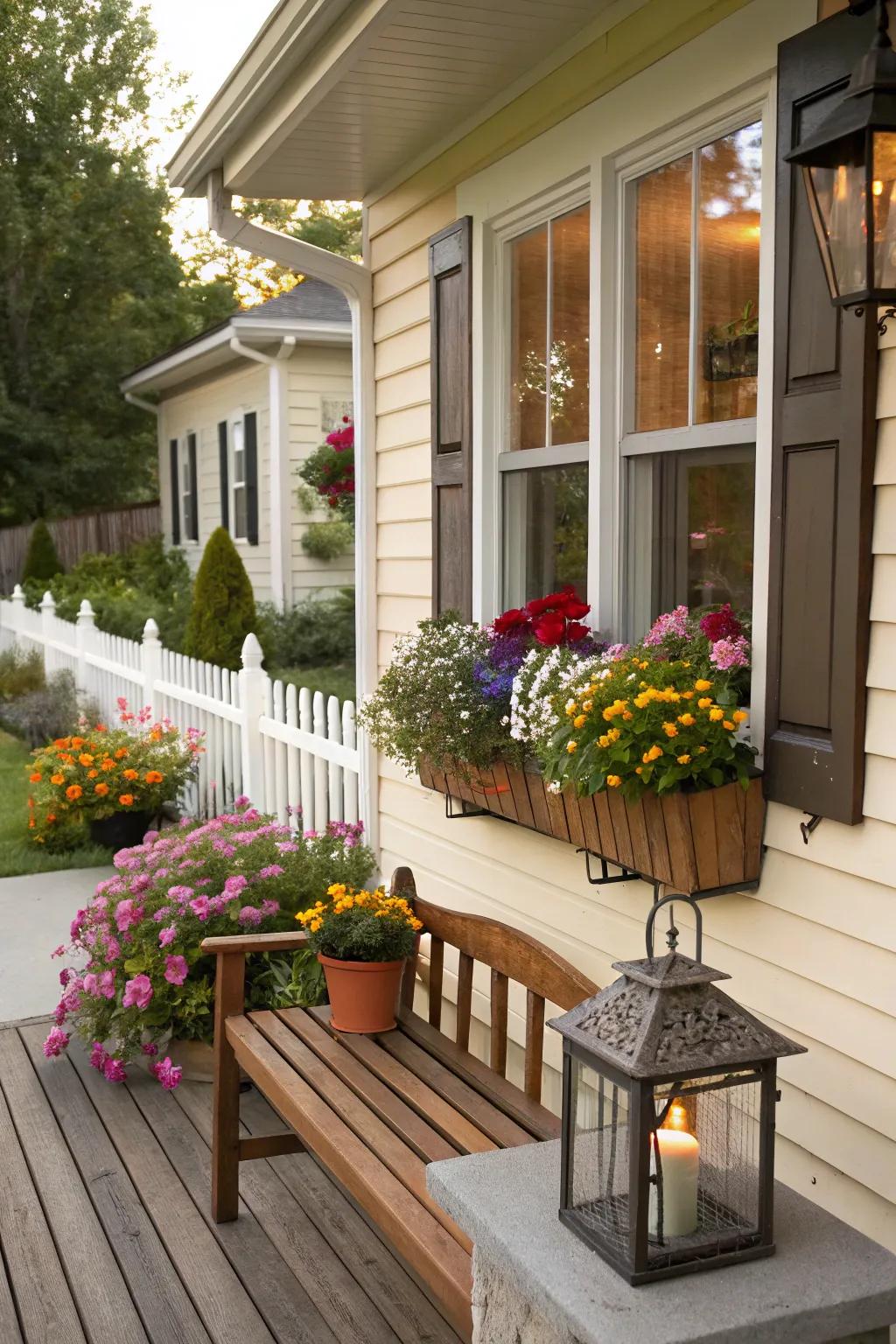 Sill vessels brimming with vibrant flora adorn a front porch.