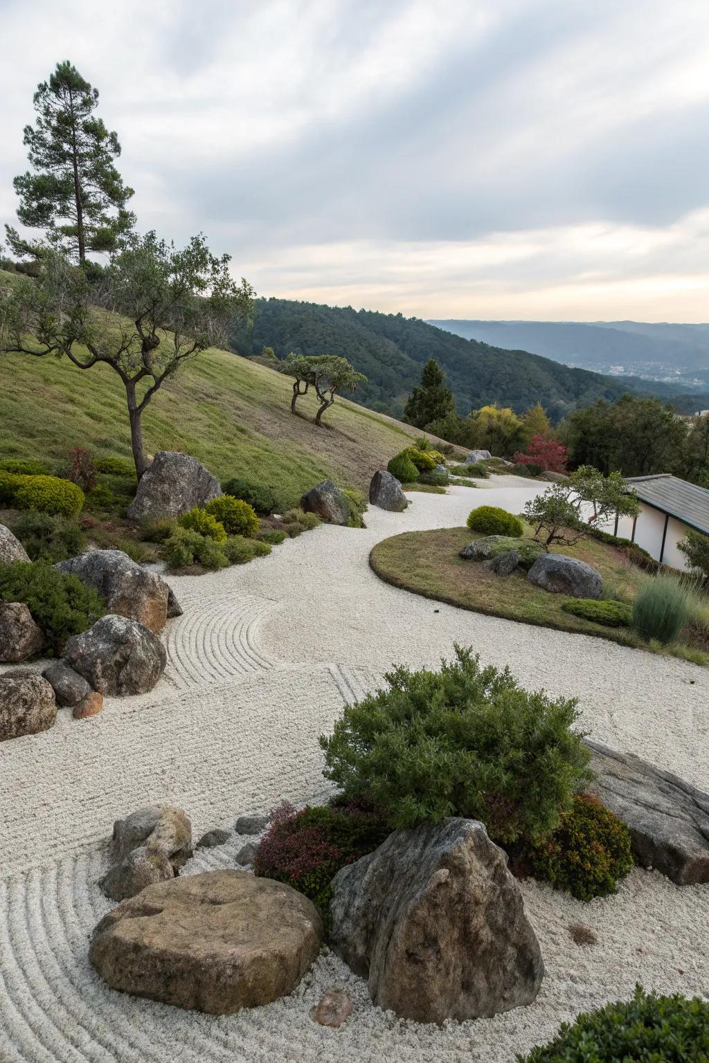 A Zen rock garden brings serenity and simplicity to your slope.