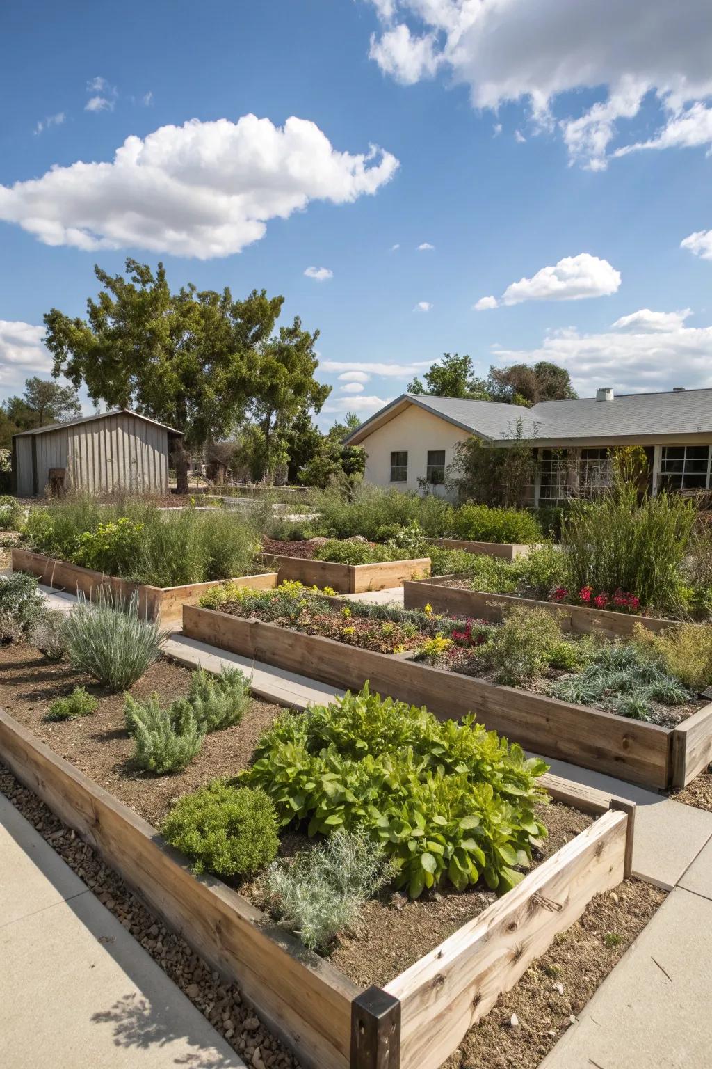 Raised beds enhance plant health and aesthetics.