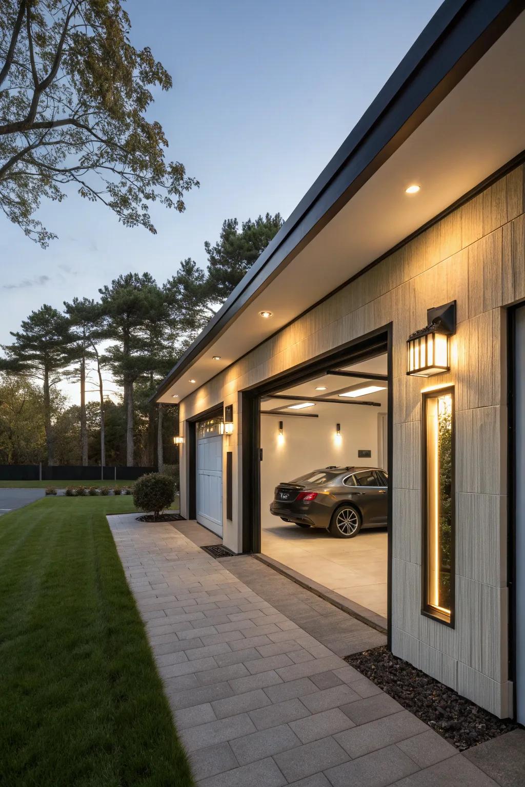 A garage featuring unique light fixtures that add a stylish touch.