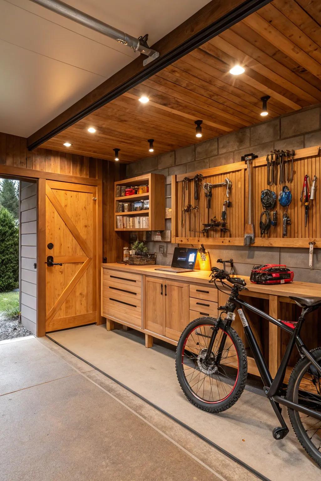 Wood tones introduce warmth and coziness to your garage.