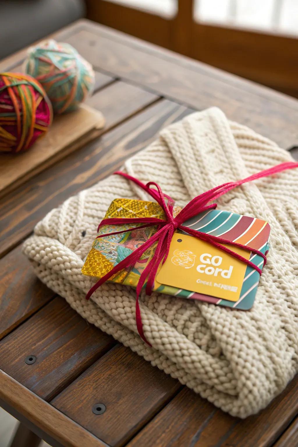 Yarn-wrapped gift cards impart a cozy, handcrafted essence.