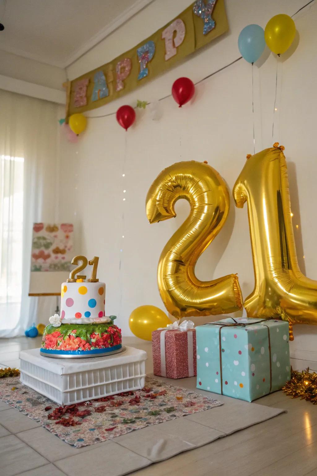 Oversized gold number balloons for a special highlight.