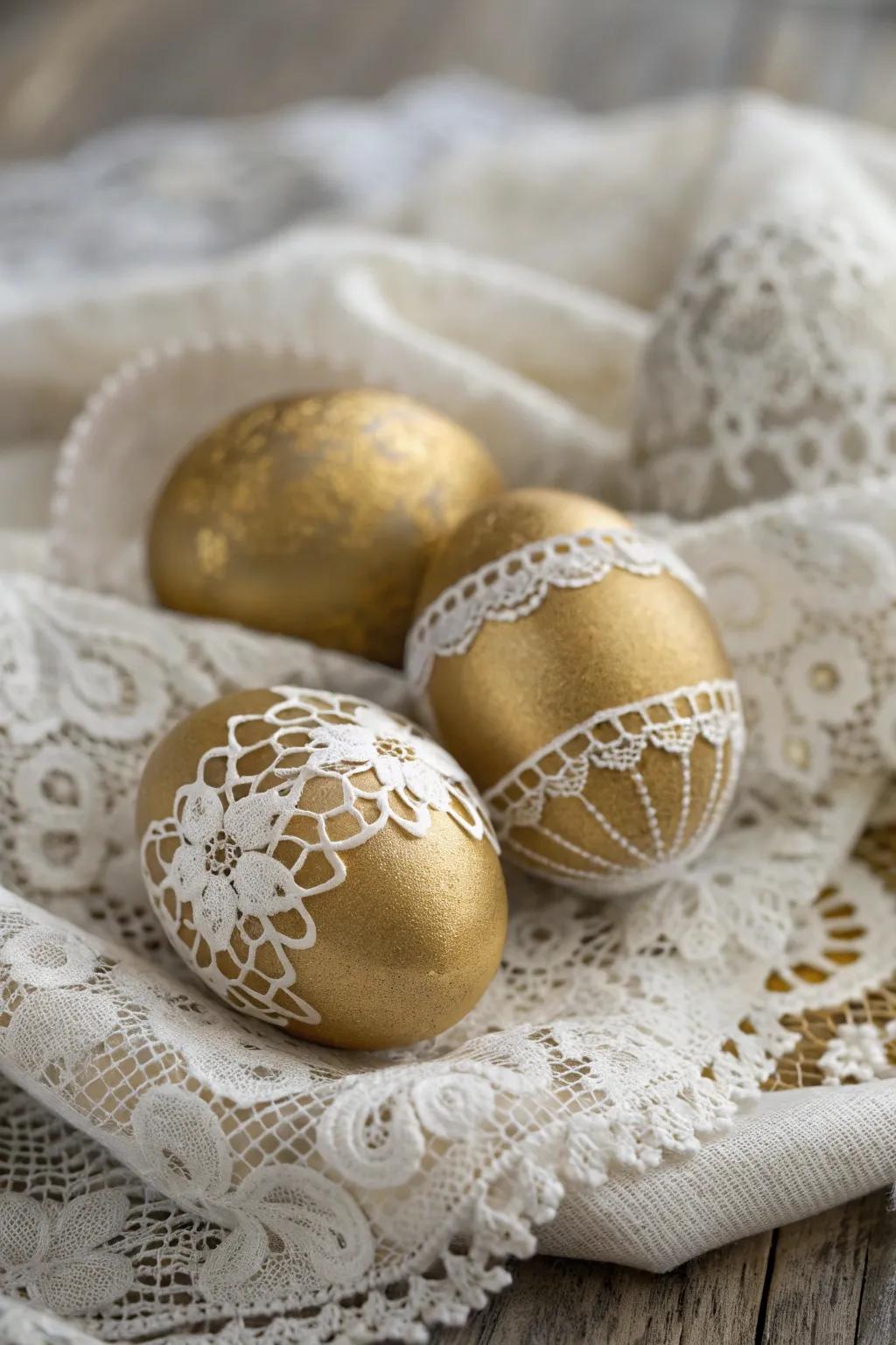 Golden eggs with lace patterns exude a vintage charm.