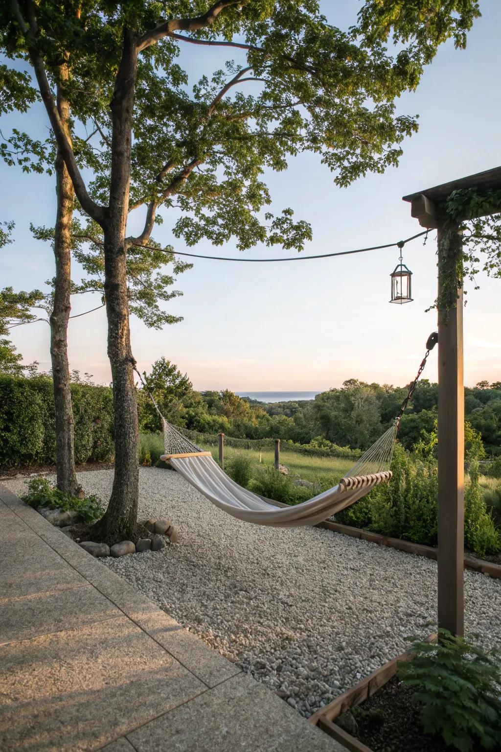 A gravel patio with a hammock, perfect for unwinding and relaxation.