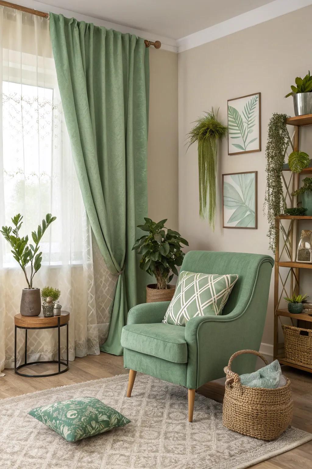 Green and neutral tones create a harmonious balance.