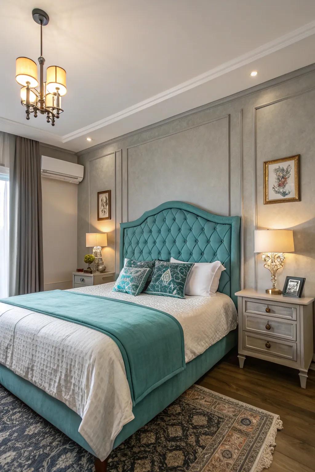 A turquoise headboard serves as an eye-catching centerpiece.