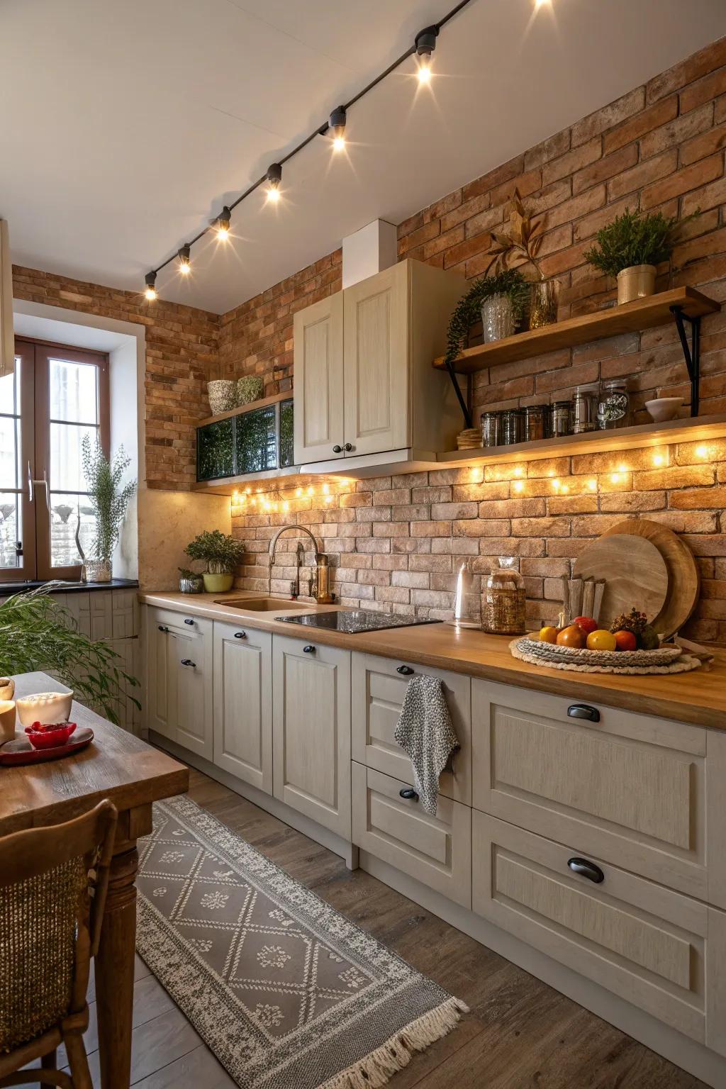 A galley featuring a textured brick tile for added warmth.