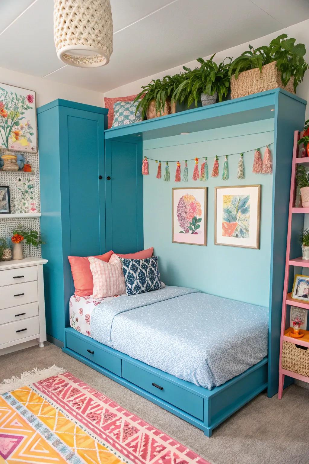 A vibrant room with a colorful Murphy bed, adding a lively touch to the space.