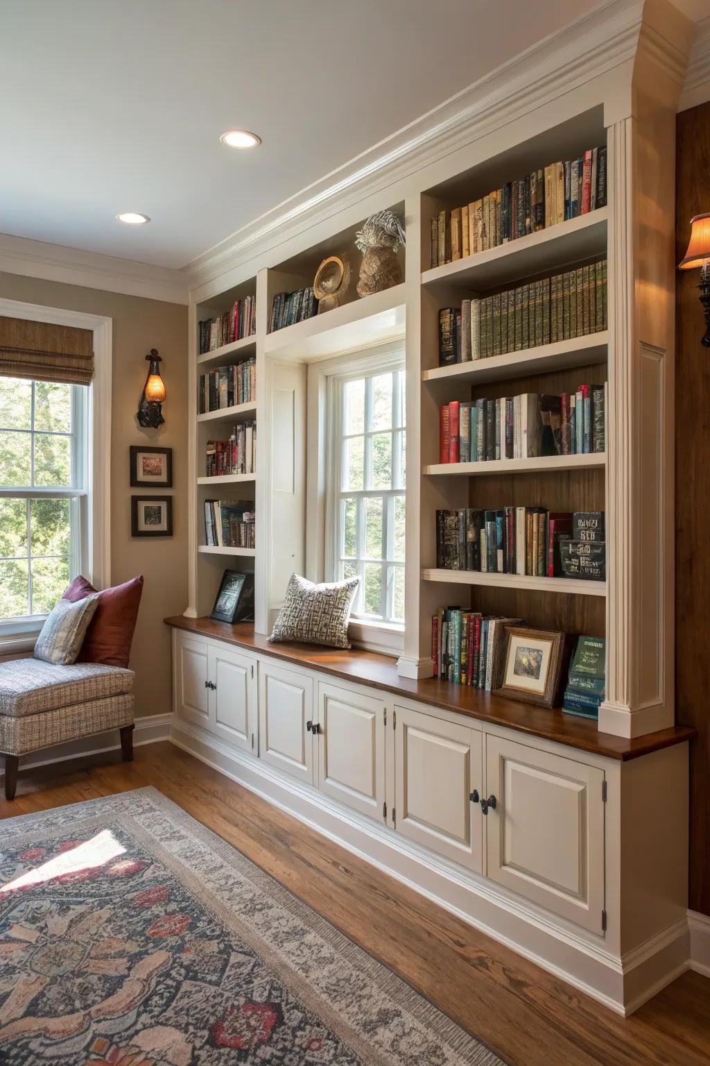 Built-in bookshelves with custom trim add charm to the home library.