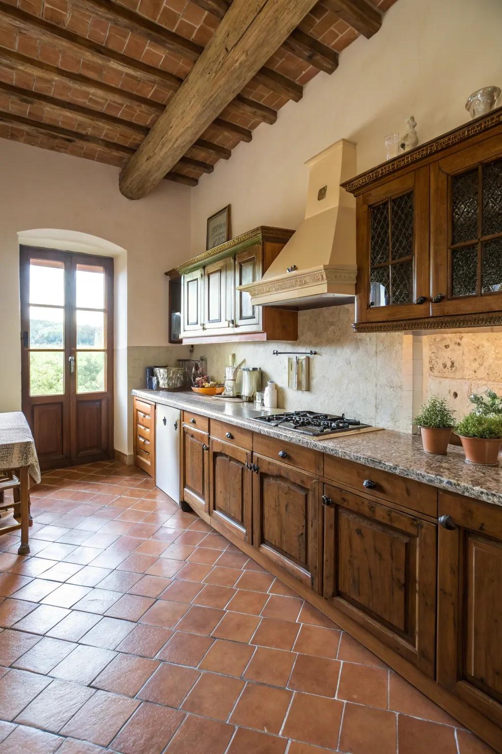 Terracotta tiles provide a classic Italian touch to the floor.