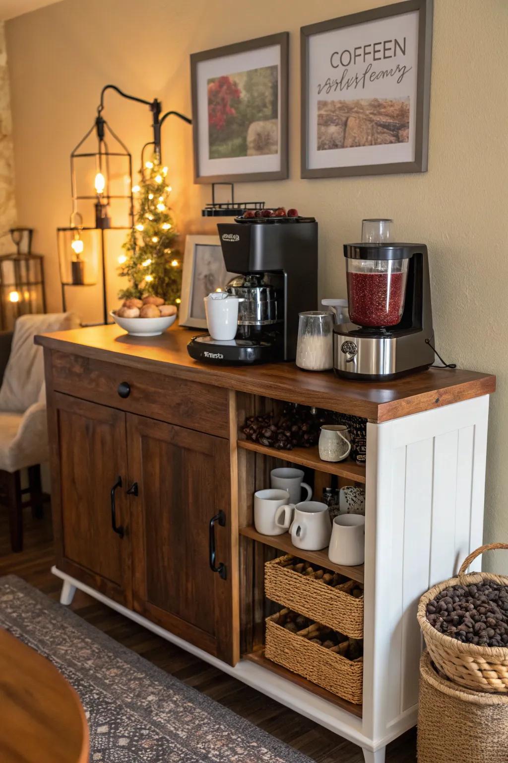 A sideboard styled as a coffee preparation station injects allure and convenience.