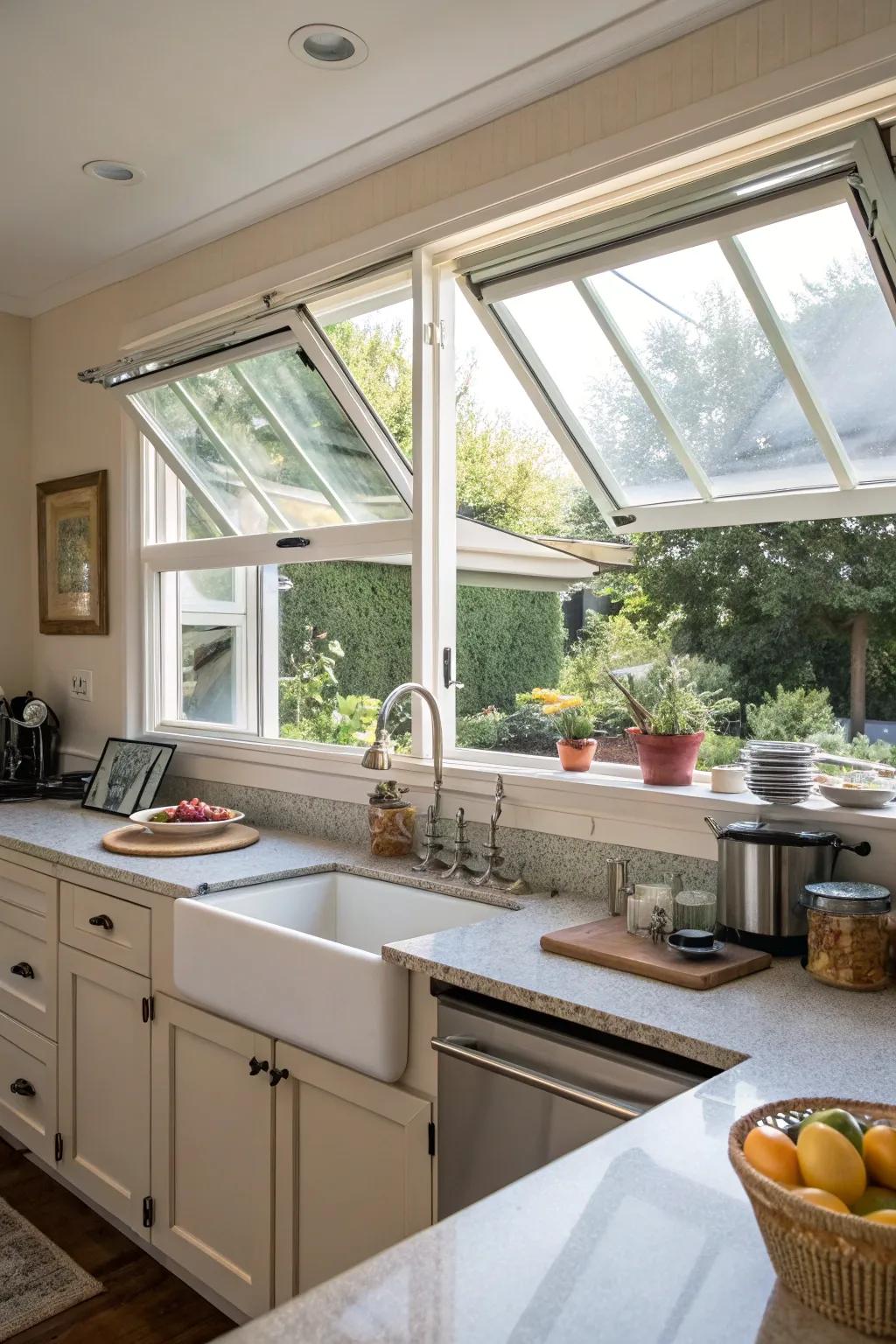 A kitchen featuring awning windows for optimal ventilation.