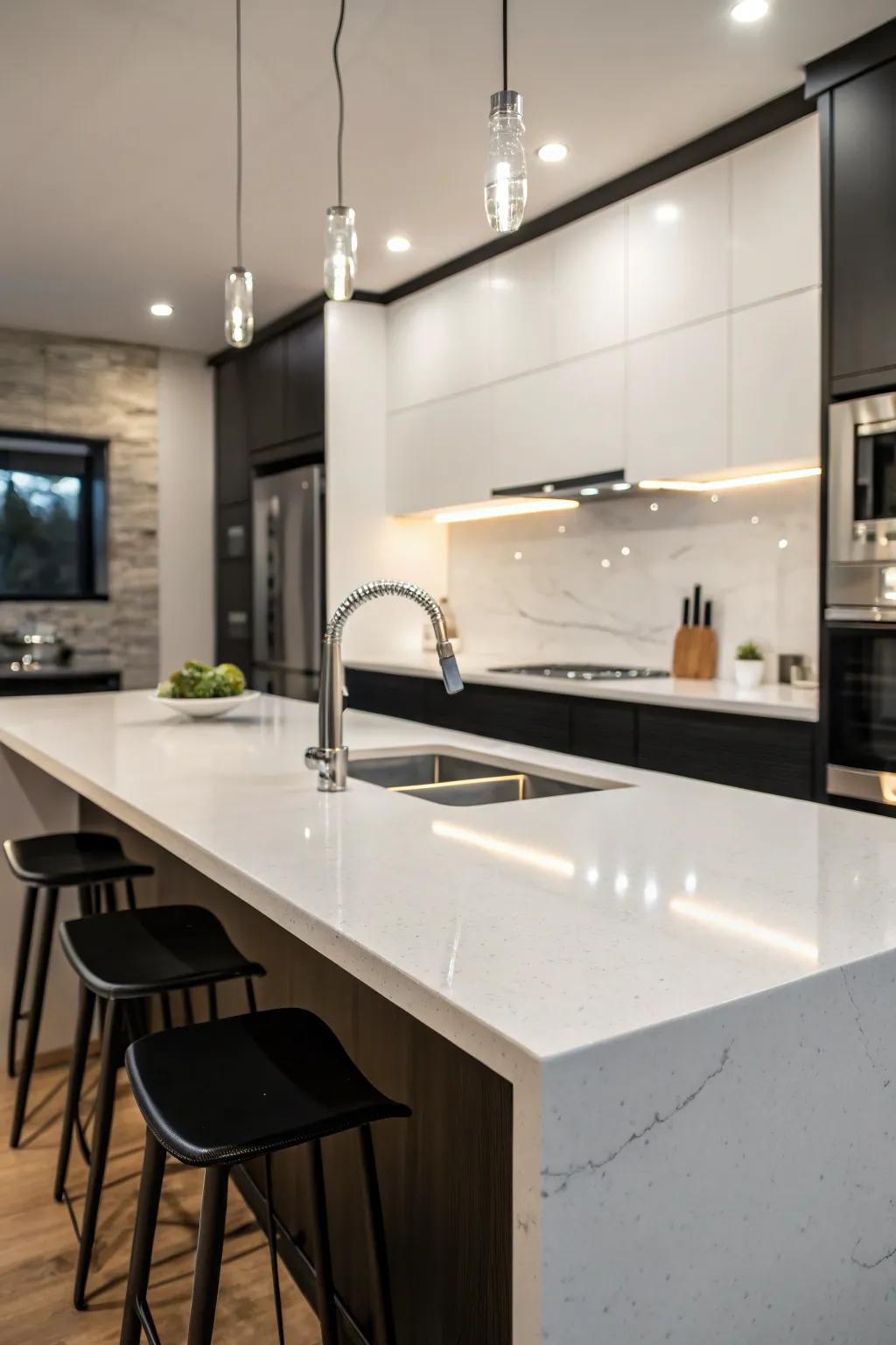 Modern monochrome charm featuring quartz counters.