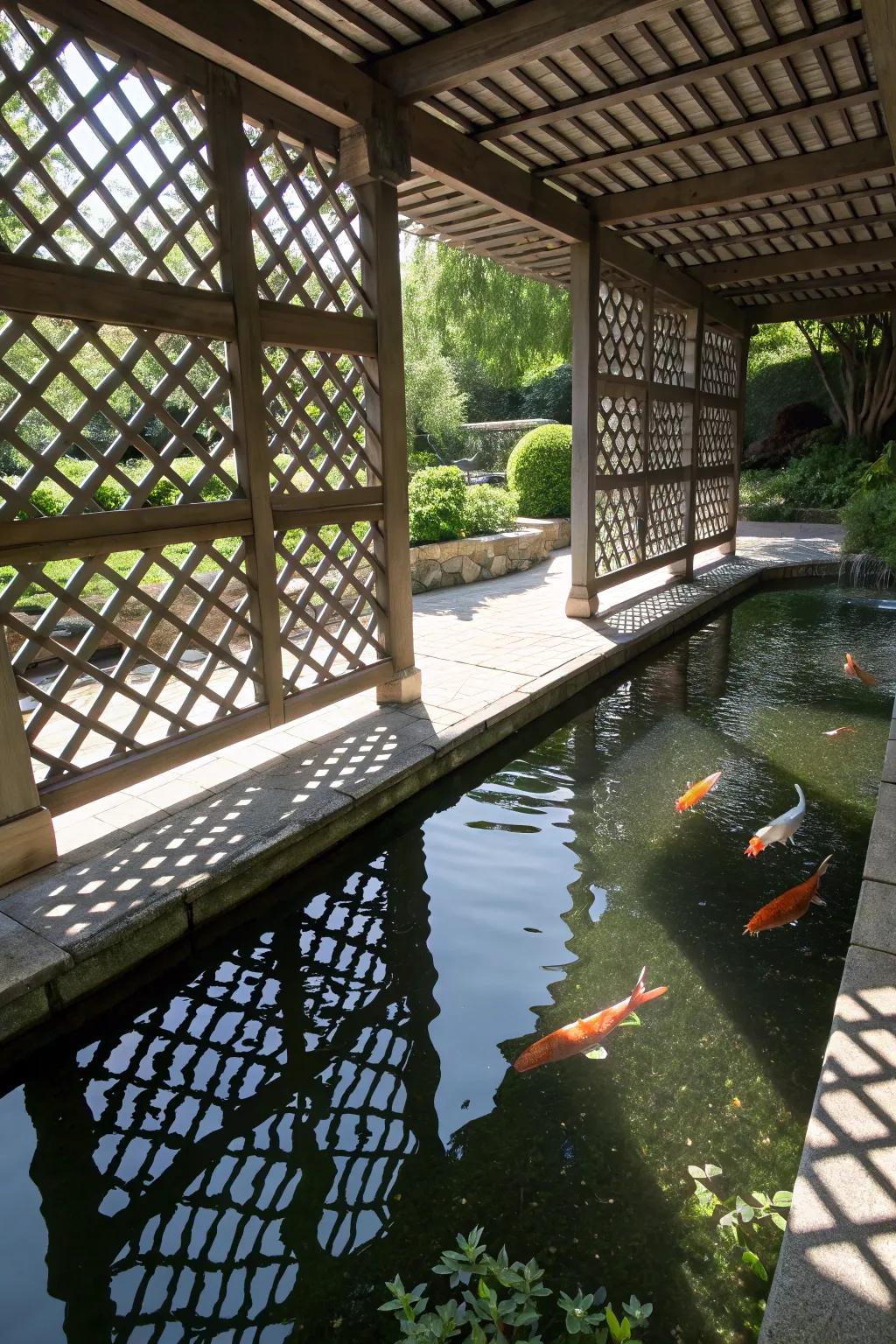 A koi pond with lattice panes offering a blend of light and shelter.