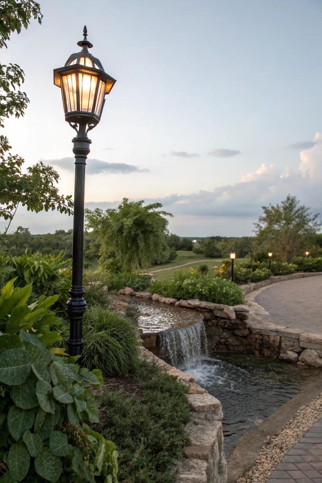 A tranquil water feature enhancing a lamp post area.