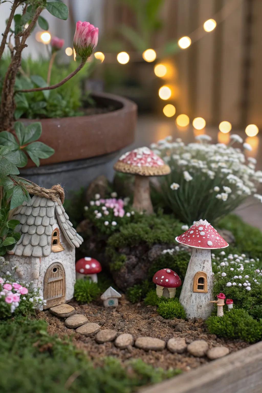 Miniature artificial plants create enchanting fairy gardens.