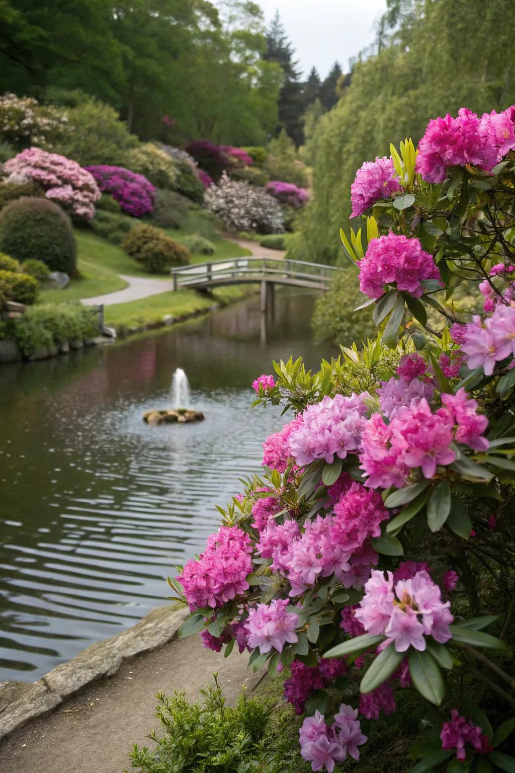 Rhododendrons enhancing a tranquil garden water feature.