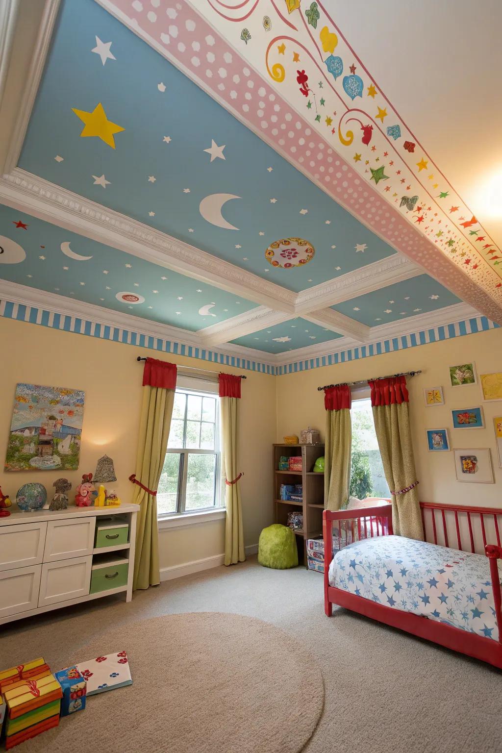 A playful kid's room with large crown molding framing a whimsical ceiling design.