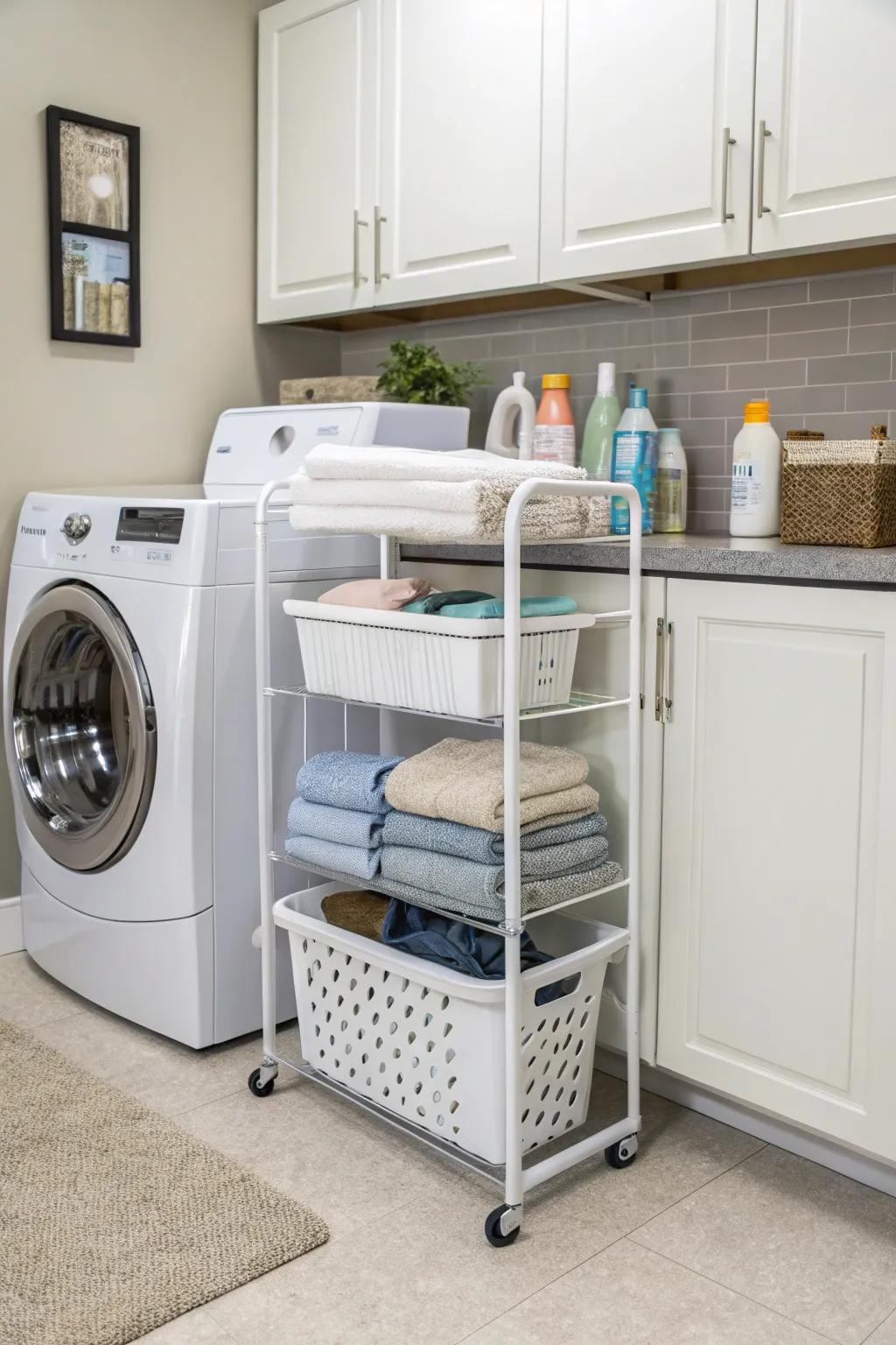 A slim mobile trolley keeps laundry supplies arranged and accessible.