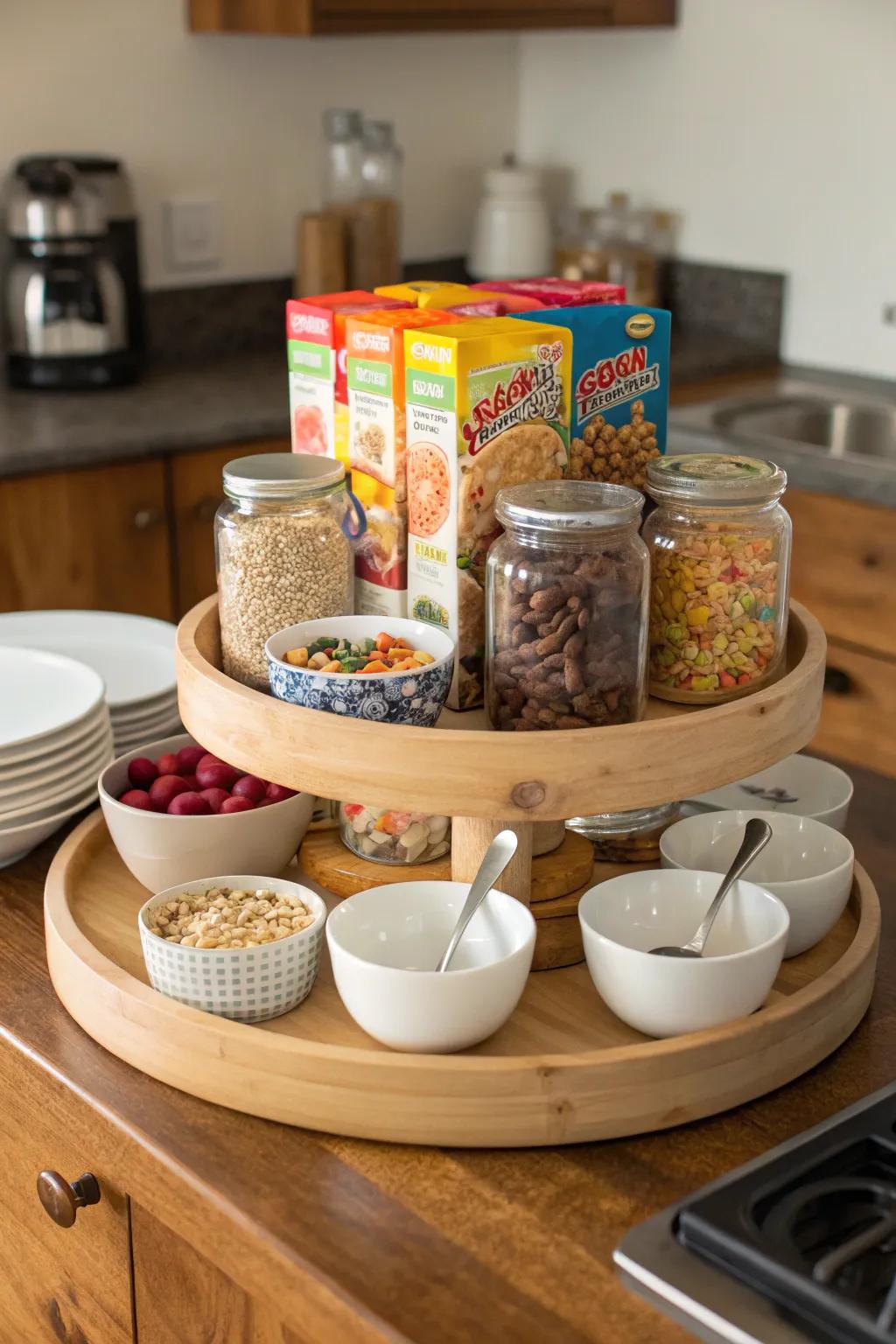 A convenient breakfast bar setup on a lazy Susan.