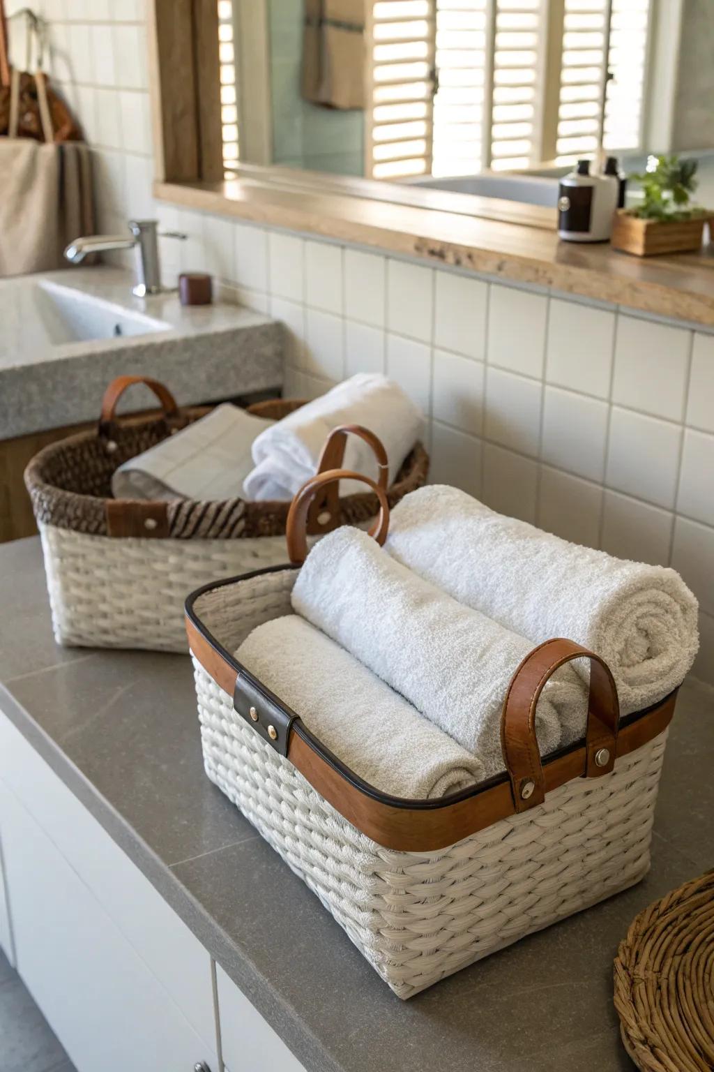 Leather trims elevate the look of simple baskets.