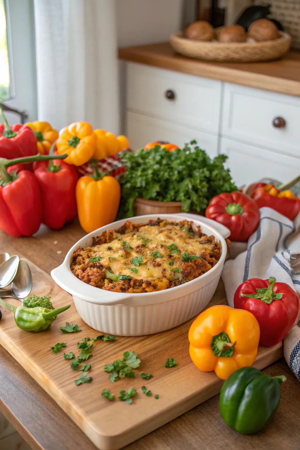 Stuffed bell pepper turkey casserole is both eye-catching and tasty.