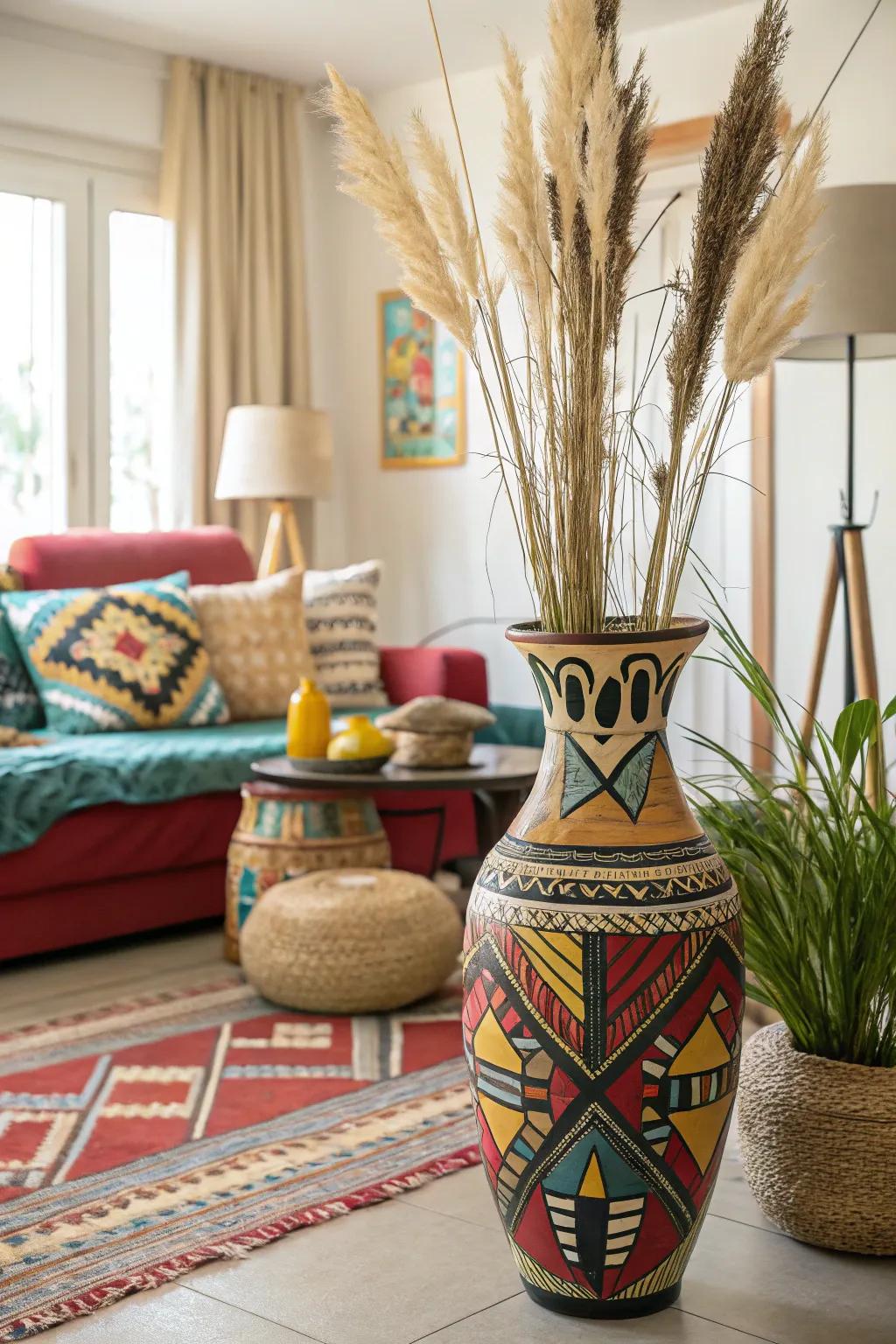 Tribal patterns on a floor vase infuse the living room with global style.