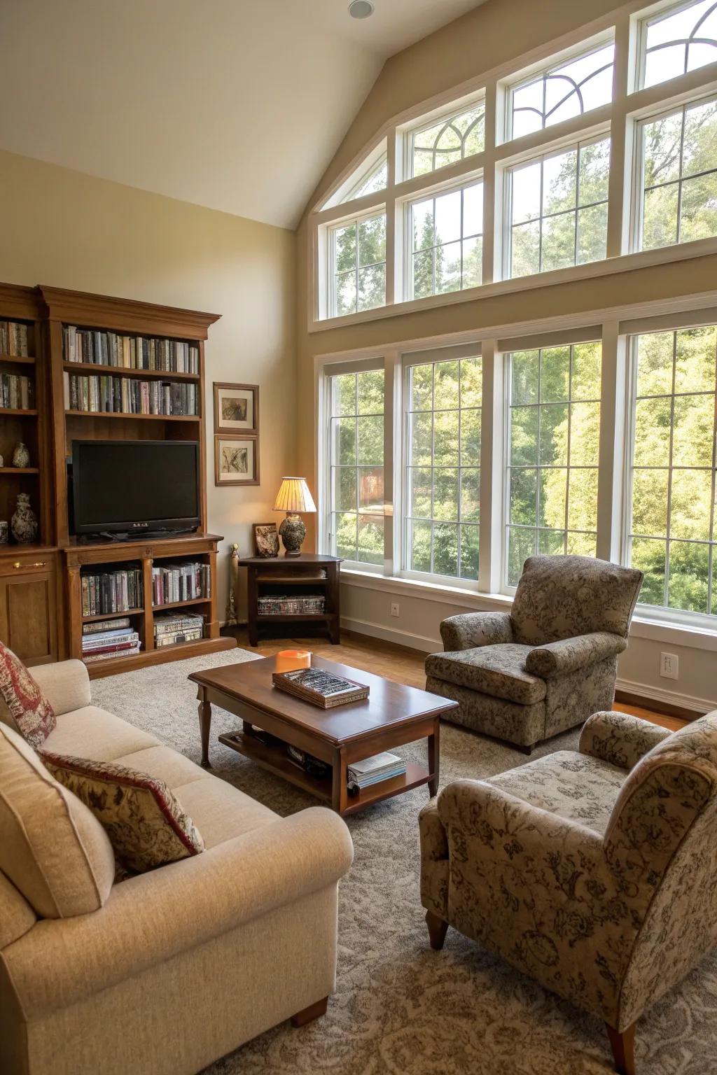 A bright living room with seating arranged to capture natural light.