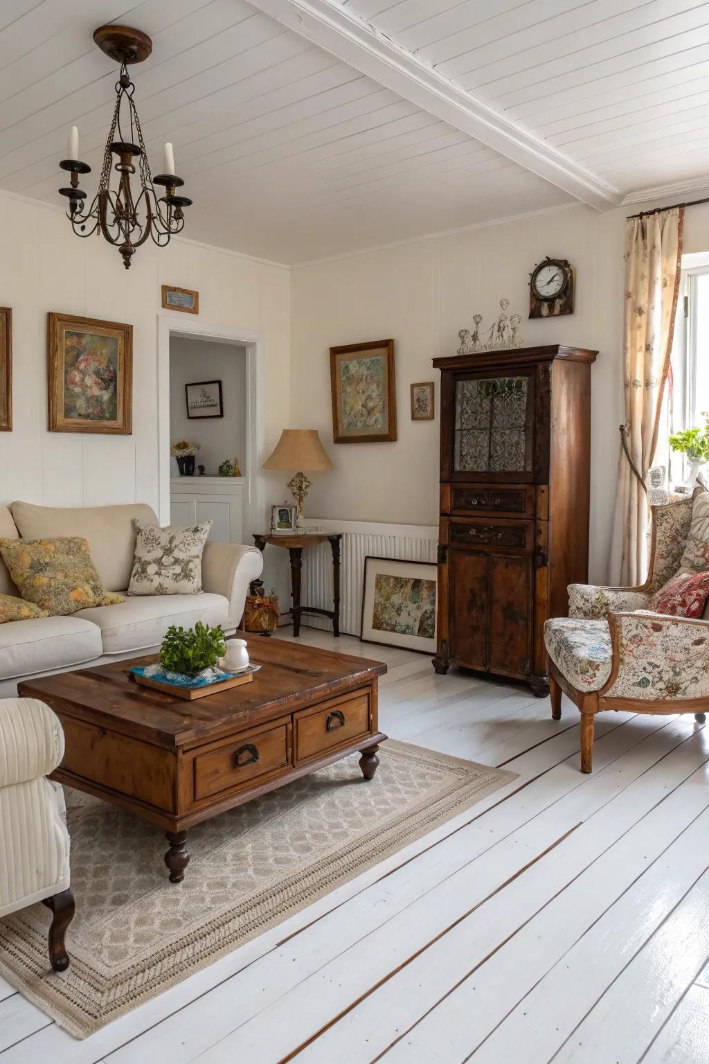 Vintage finds add warmth and character to white wood floors.