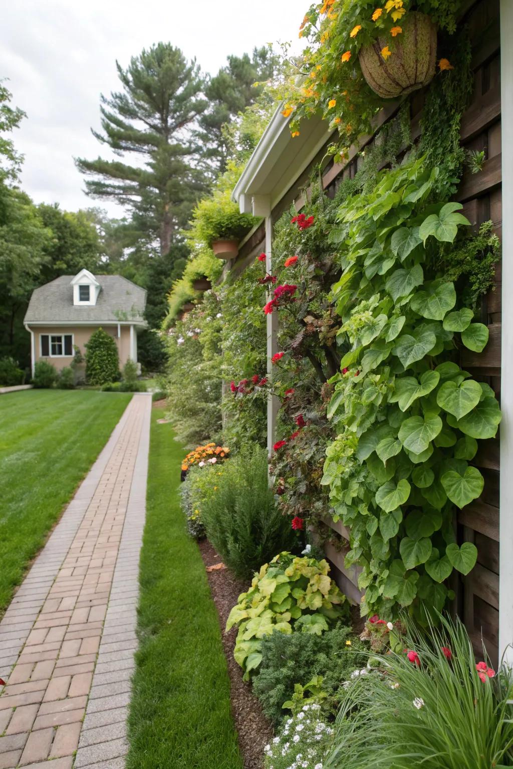 A vertical garden transforming a plain wall into living art.