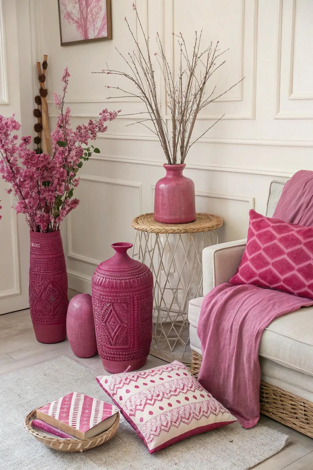 Purple accessories introduce striking splashes of color into this stylish space.