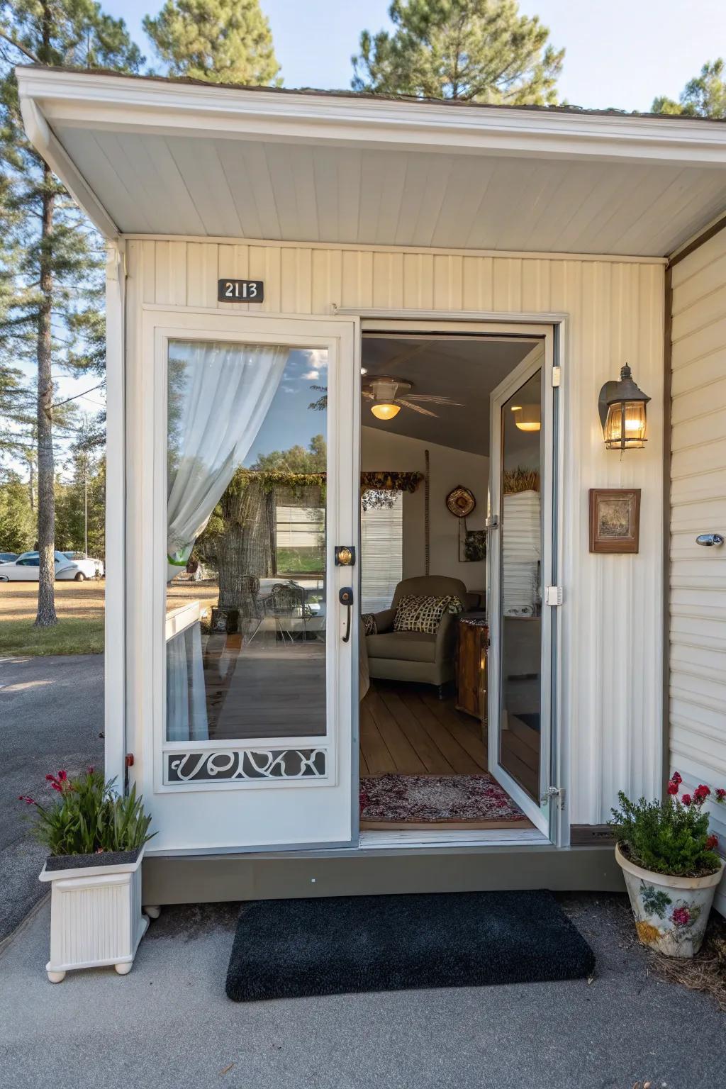 A stylish front door with a glass panel welcoming guests.