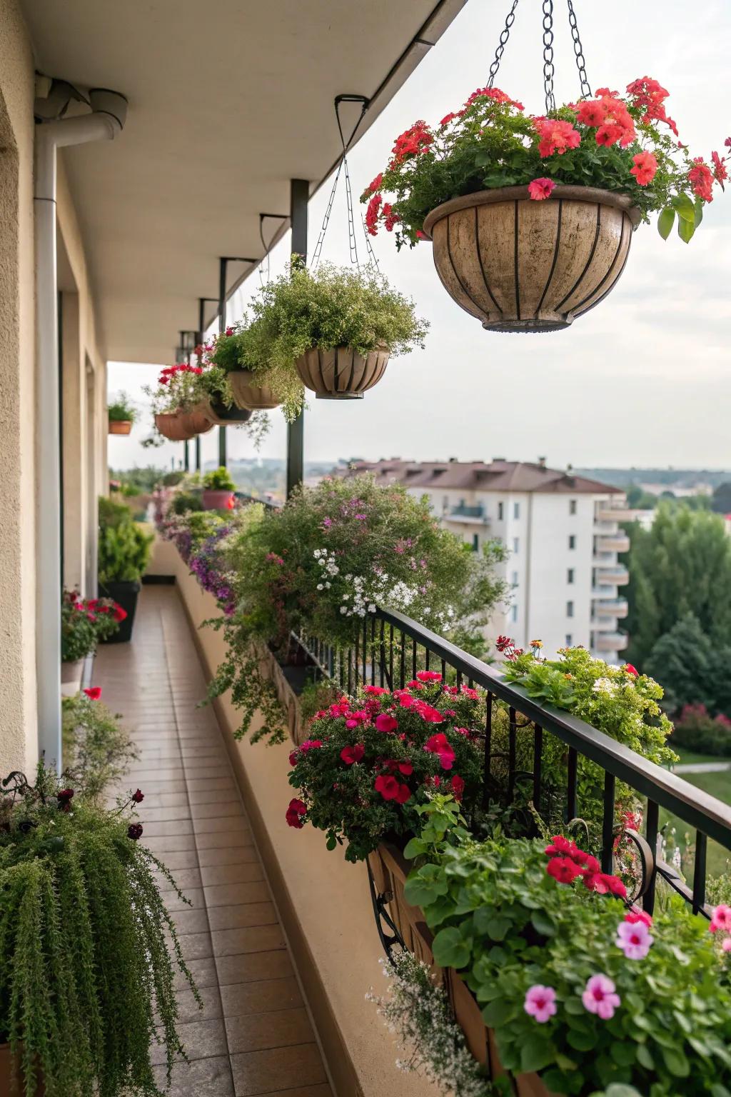 Enhance your balcony with beautiful hanging planters.