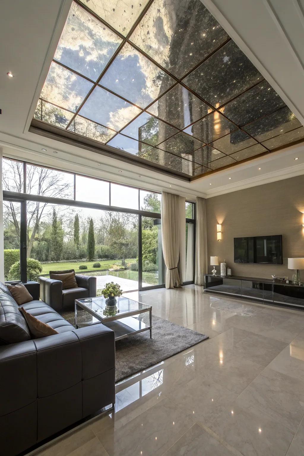 Reflective ceilings amplify illumination and expanse.