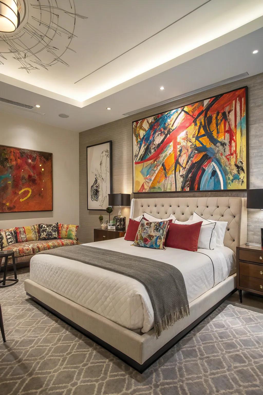 Expressive artwork adds a bold statement to this modern bedroom.