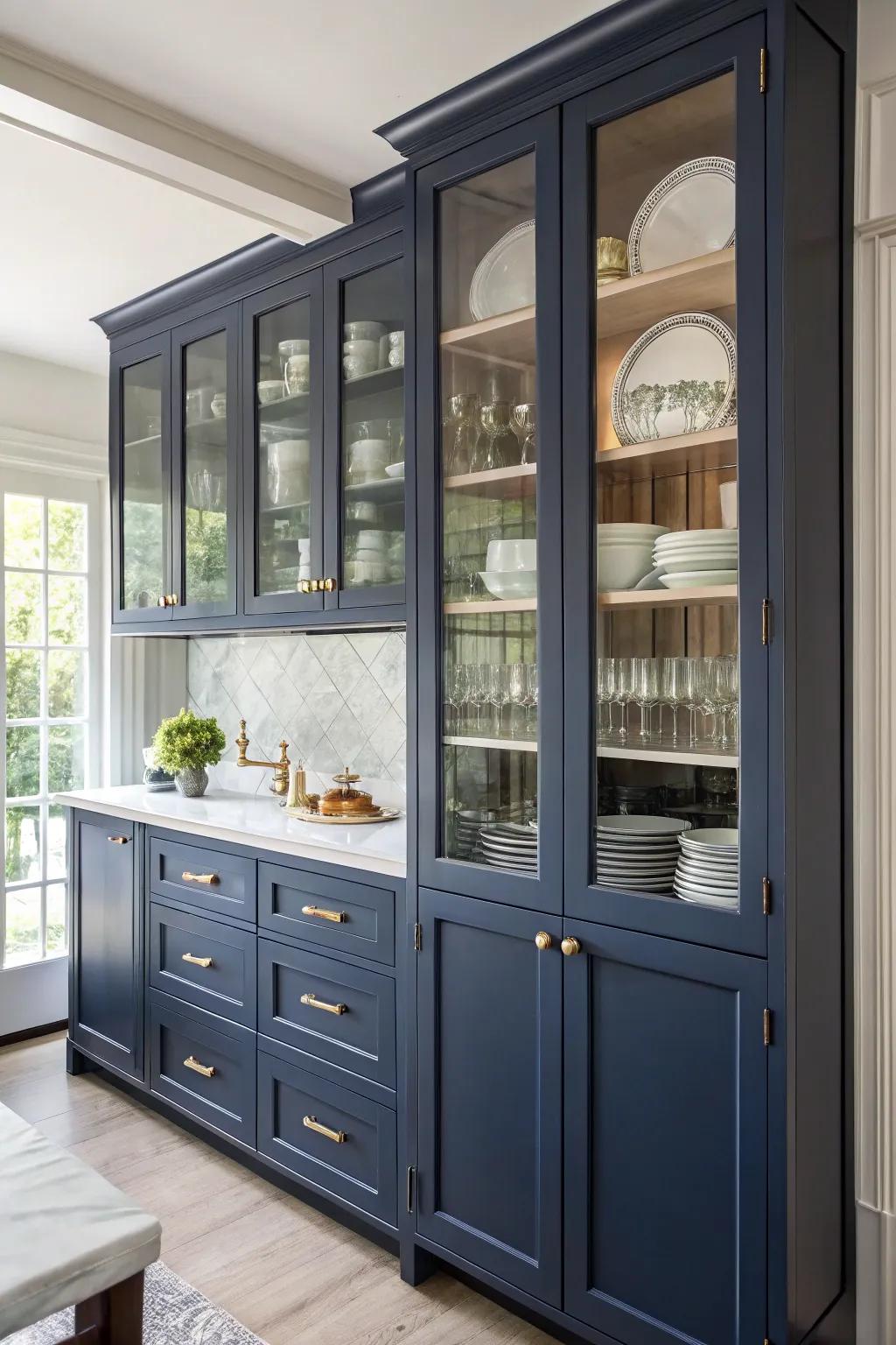 Glass doors lighten the appearance of navy blue cabinets, adding transparency.