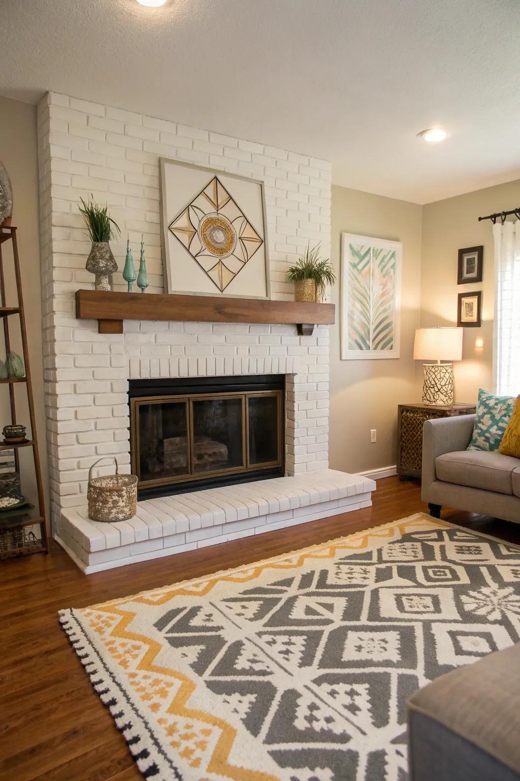 Symmetrical painted brick fireplace offers harmony and balance.