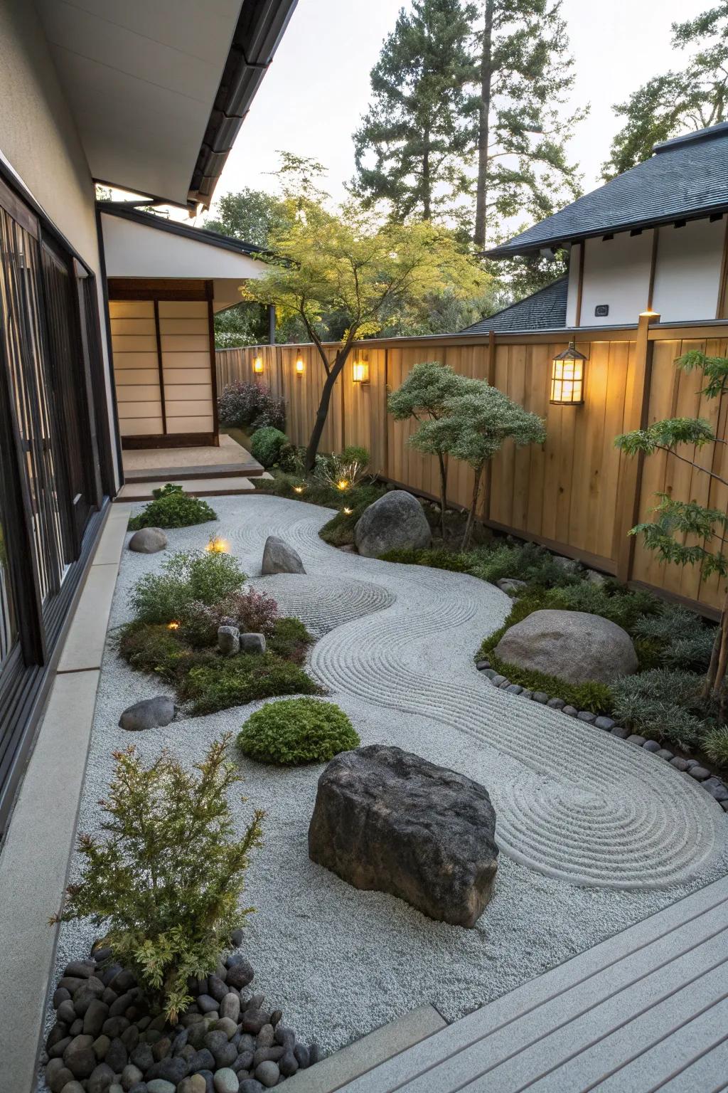 A Zen garden provides a peaceful retreat.