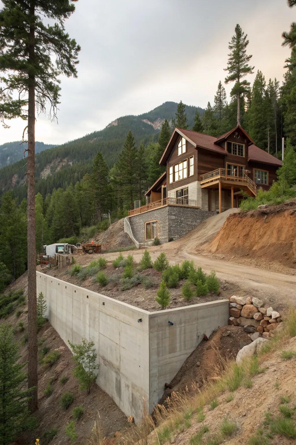 Basement foundations adapting to mountain terrains.