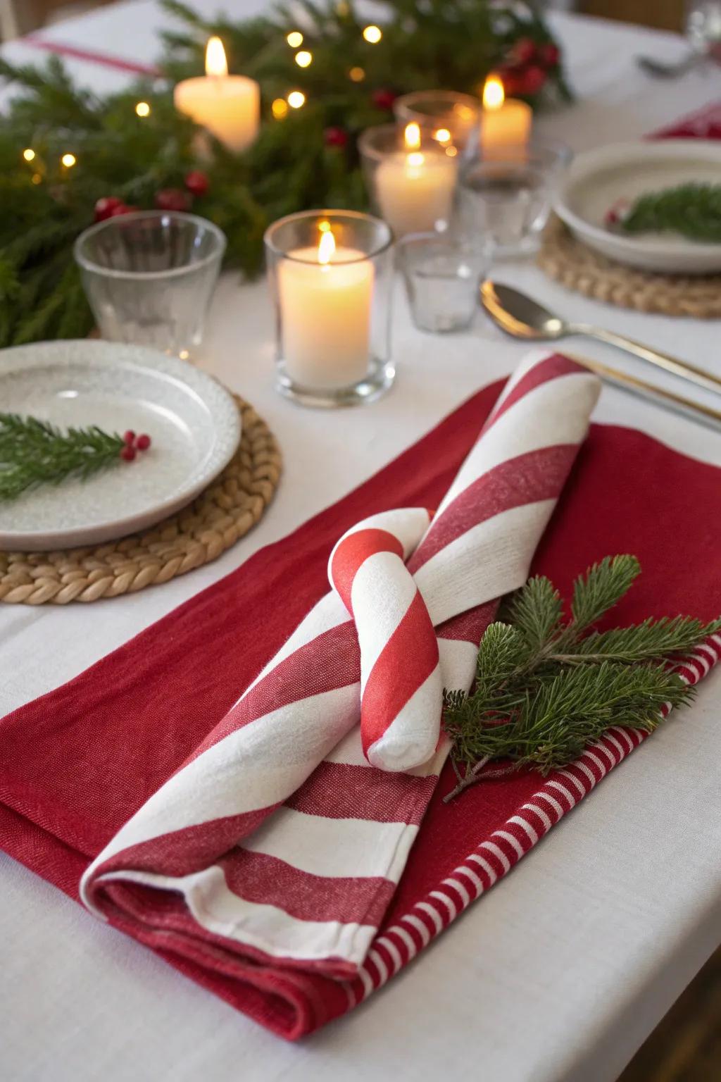 Whimsical candy cane folds for a festive touch.