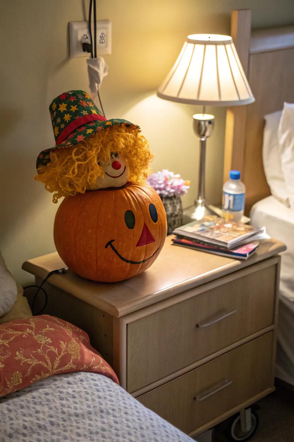 A wig and hat give this pumpkin a playful personality.