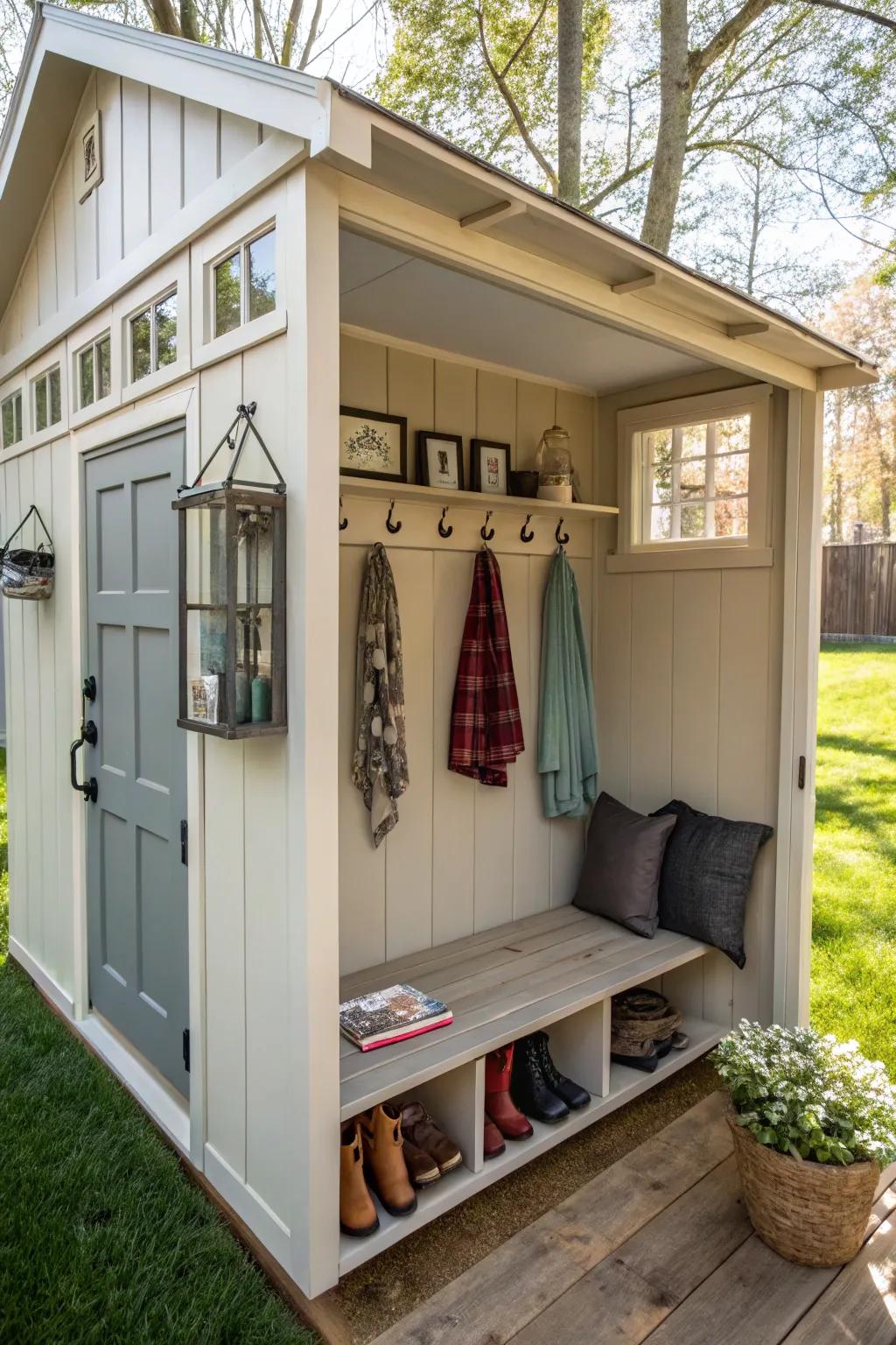 A garden shed can easily be transformed into a practical changing area.