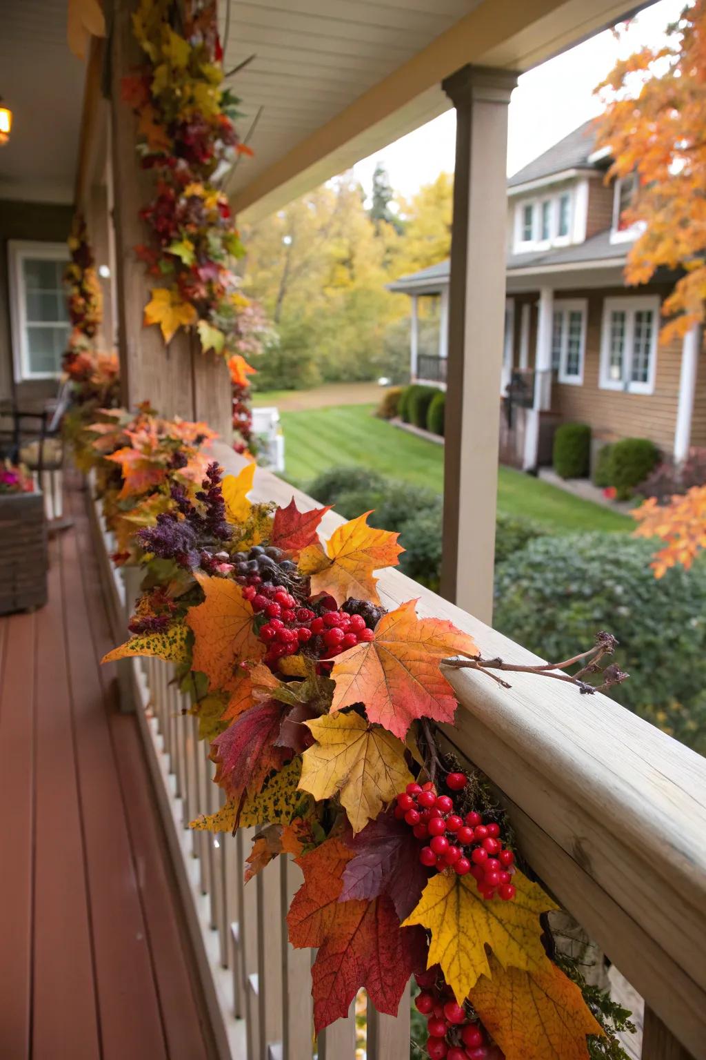 A garland of leaves and berries adds a festive touch to the porch.