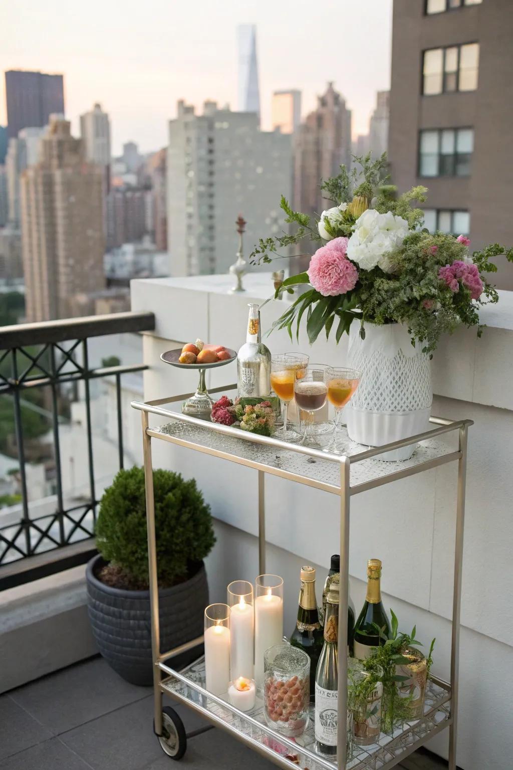 Bar carts inject functionality and flair into outdoor spaces.