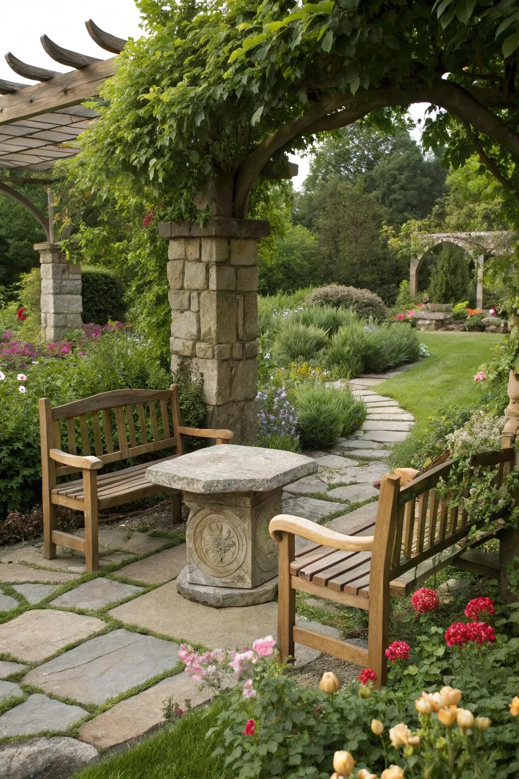 Natural materials such as wood and stone add an organic touch to garden decor.